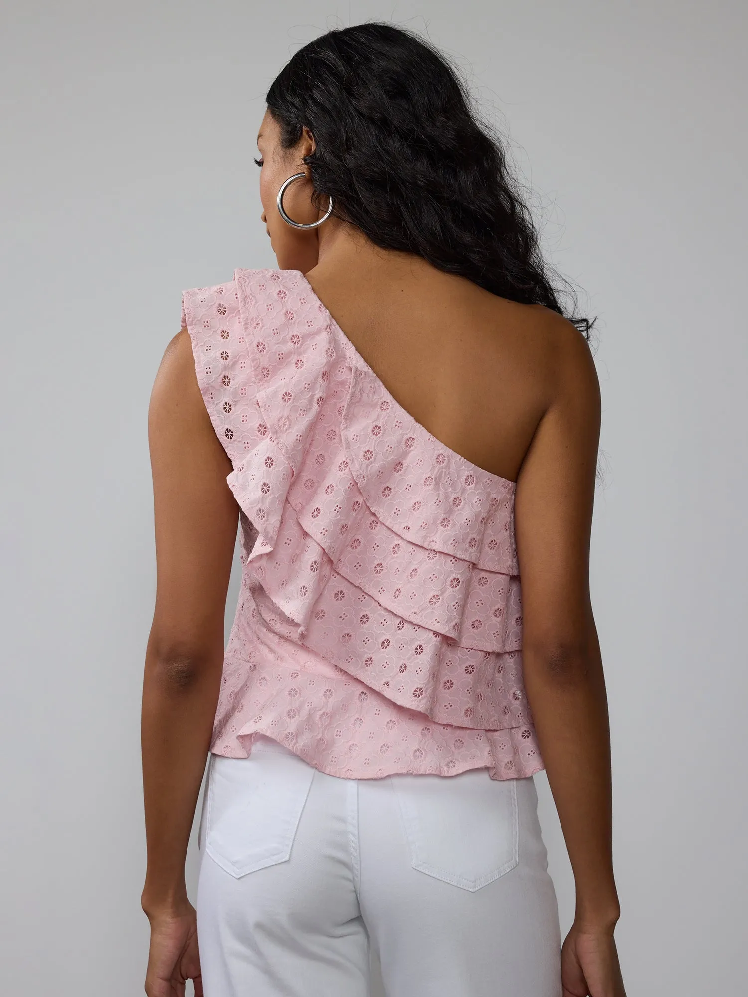 One Shoulder Eyelet Ruffle Tank Top