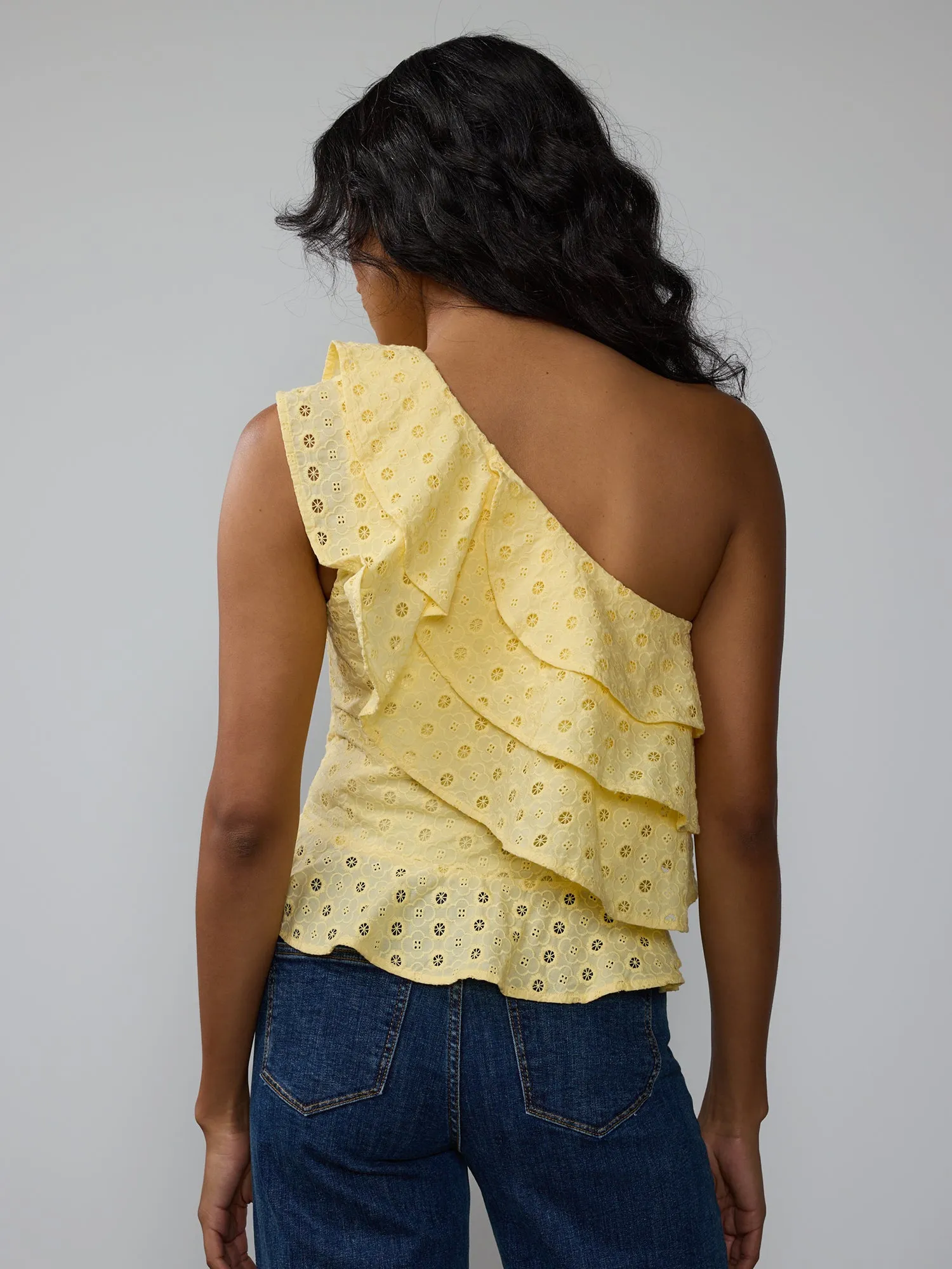 One Shoulder Eyelet Ruffle Tank Top