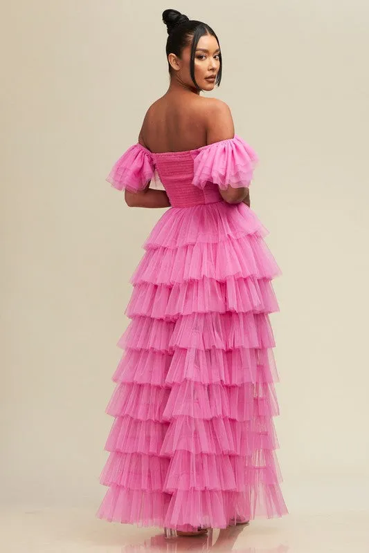 Pink Off S Shirred Ruffle Maxi Dress