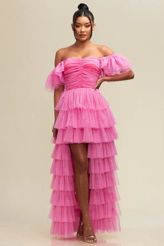 Pink Off S Shirred Ruffle Maxi Dress