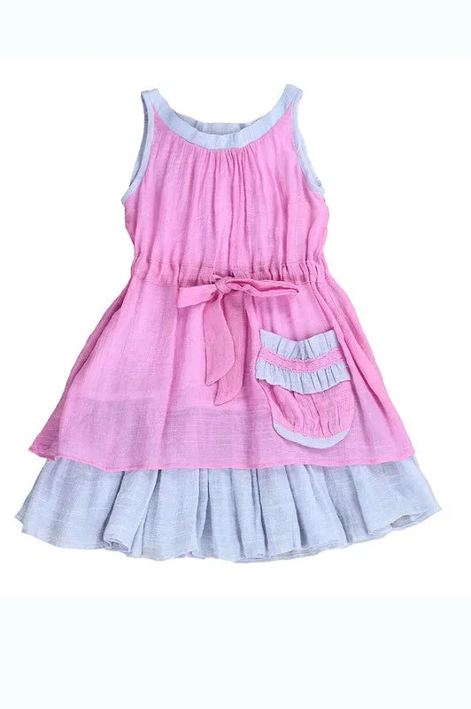 Pink Toddlers-Girls Soft Cotton Color Block Boho Dress