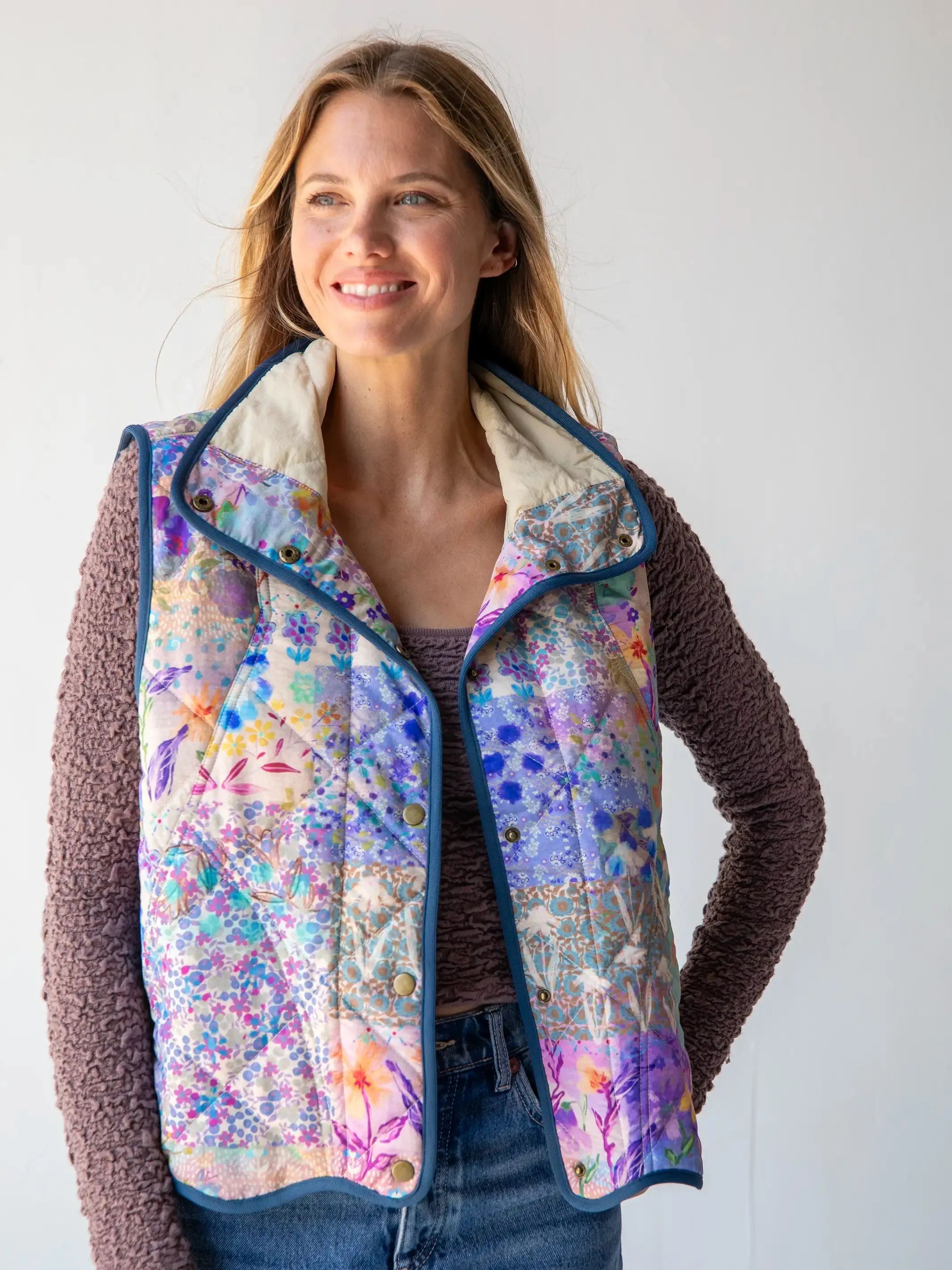 Quilted Puffer Vest - Blue Watercolor Patchwork