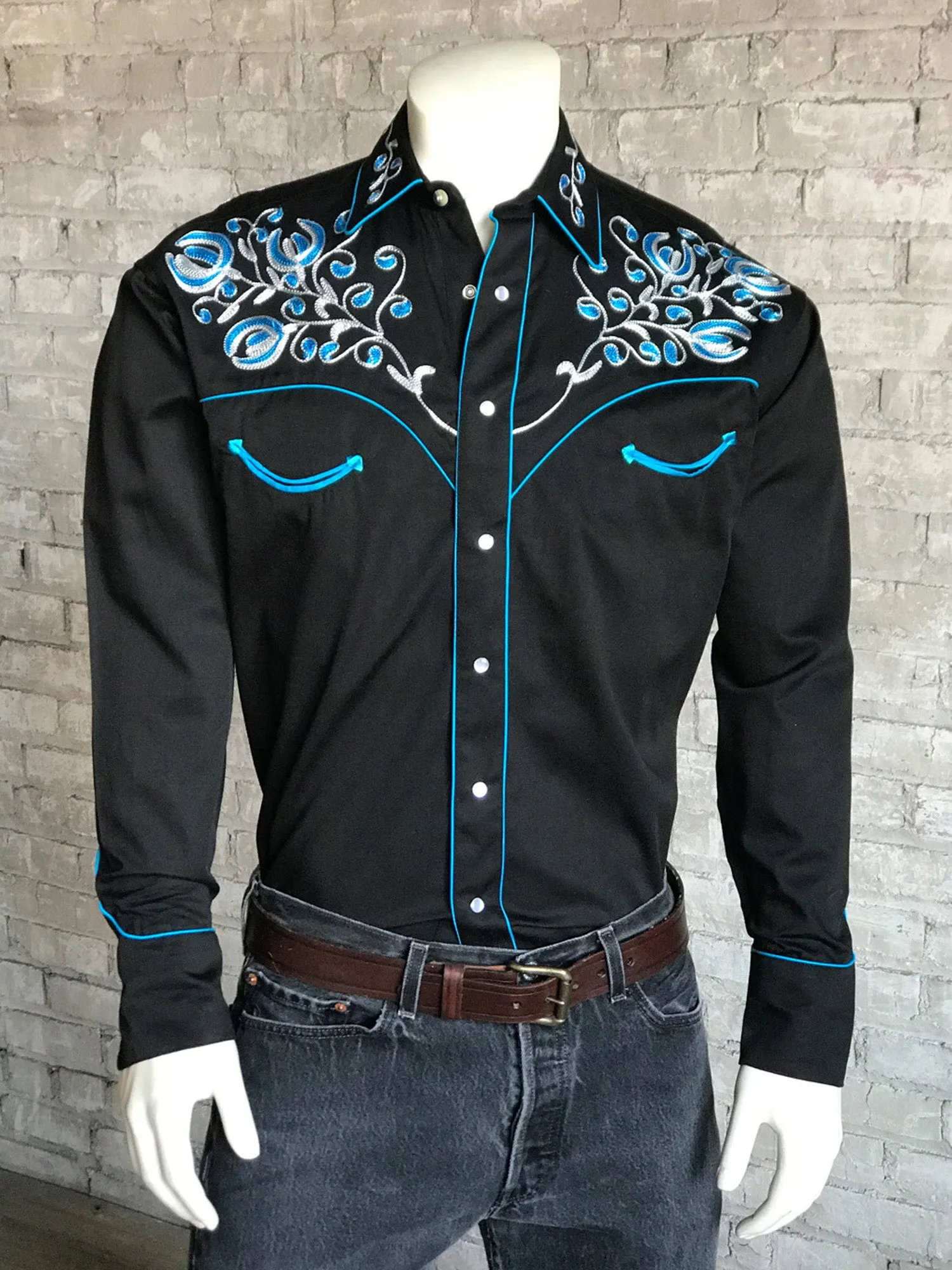 Rockmount Mens Black 100% Cotton Prairie Blue Western L/S Shirt