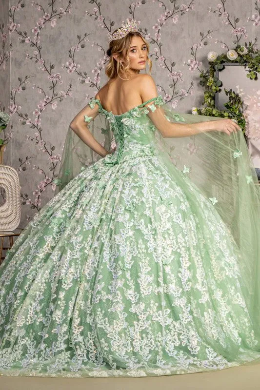 Sage Off Shoulder Cape Sleeve Glitter Print Quinceanera