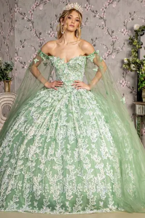 Sage Off Shoulder Cape Sleeve Glitter Print Quinceanera