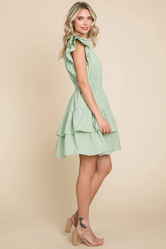 Sage Ruffled Waistband V Neck Tiered Wrap Dress