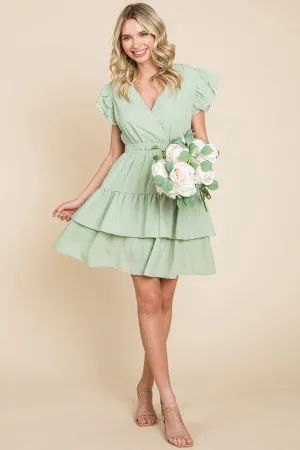 Sage Ruffled Waistband V Neck Tiered Wrap Dress