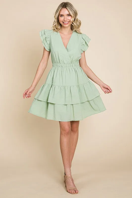 Sage Ruffled Waistband V Neck Tiered Wrap Dress