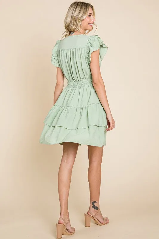 Sage Ruffled Waistband V Neck Tiered Wrap Dress