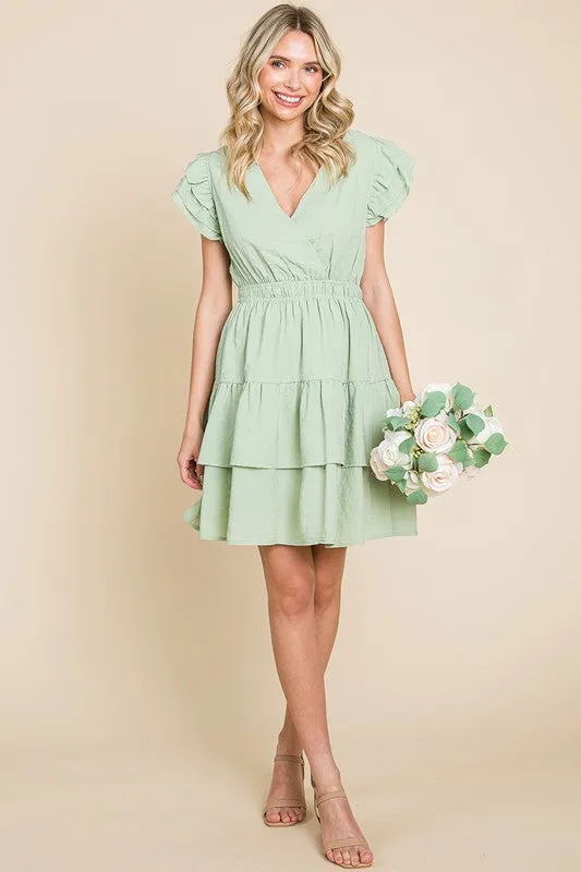 Sage Ruffled Waistband V Neck Tiered Wrap Dress