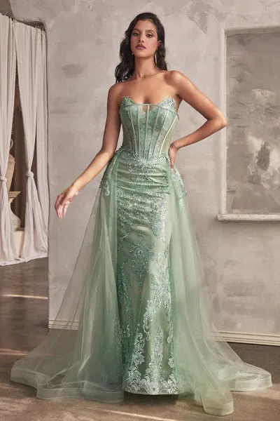 Sage Strapless Glitter Gown With Removable Tulle Overskirt