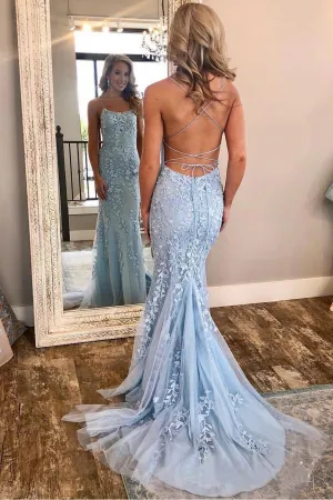 Spaghetti Strap Light Sky Blue Mermaid Prom Dresses Backless Formal Dress