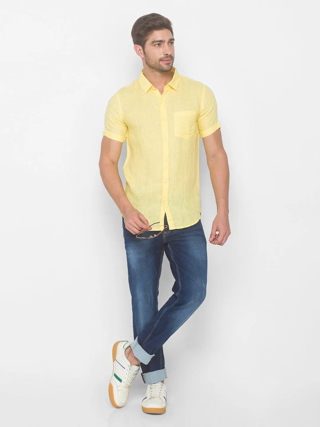 Spykar Men Yellow Cotton Shirts (Slim)