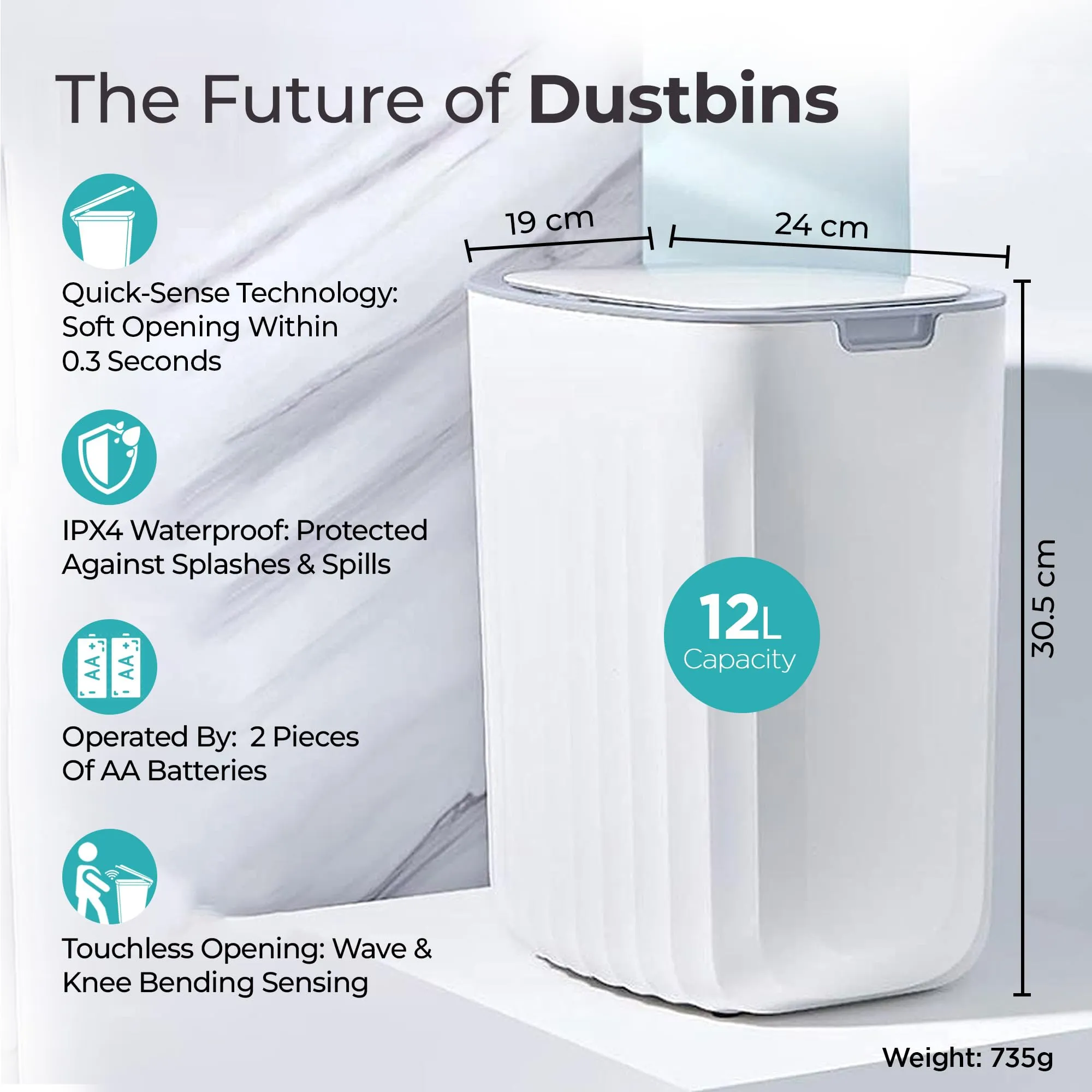 The Better Home 12L Dustbin For Kitchen | Dustbin For Bathroom | 31 cm Automatic Smart Sensor Dustbin For Bedroom | Steel Dustbin With Lid | Dustbin For Office | Garbage Bin - White & grey