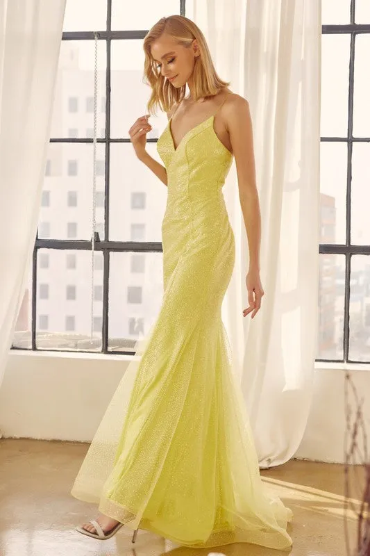 Yellow Glitter Mesh Fitted Evening Prom Gown