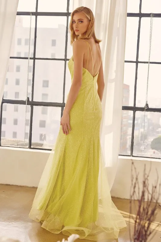 Yellow Glitter Mesh Fitted Evening Prom Gown